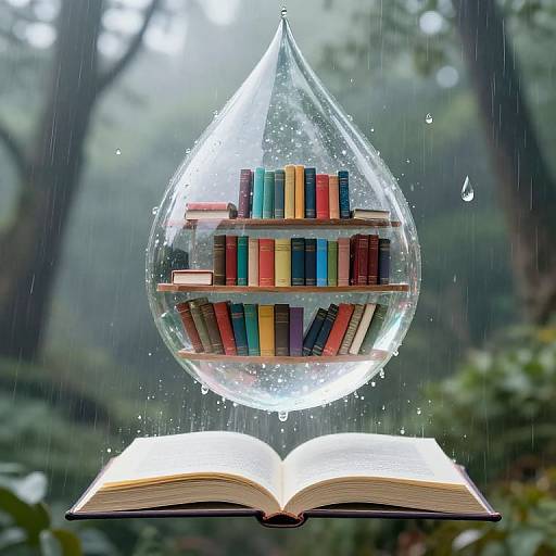 Photograph of a transparent teardrop bubble containing colorful books, hovering above an open book, set against a misty forest background.