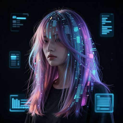 Photograph of an Asian woman with neon, holographic, purple and blue hair against a black background, glowing digital text surrounds her. Cyberpunk aesthetic