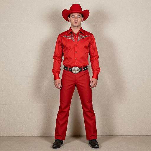 Photograph of a young man in a red cowboy hat, red satin shirt, and red pants, standing against a plain white wall. He wears a