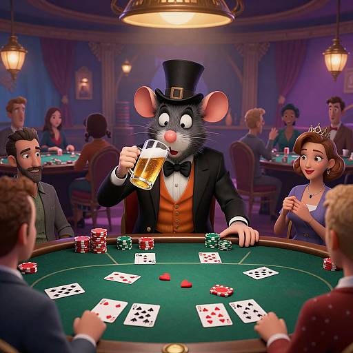 CGI illustration of a top-hatted, anthropomorphic rat dealer at a poker table, serving beer, surrounded by dressed-up players in a dimly