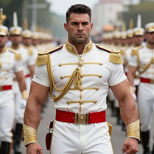 Photograph of a muscular, dark-haired man in a white, gold-epauletted military uniform with red sash, leading a parade.