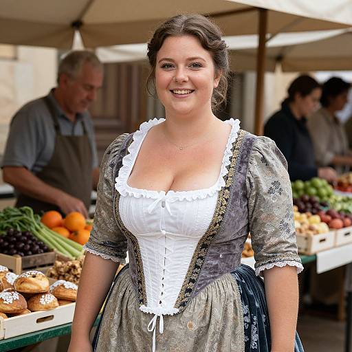 Photograph of a smiling, fair-skinned woman with brown hair in a traditional German dirndl, standing at an outdoor market stall with vegetables and past