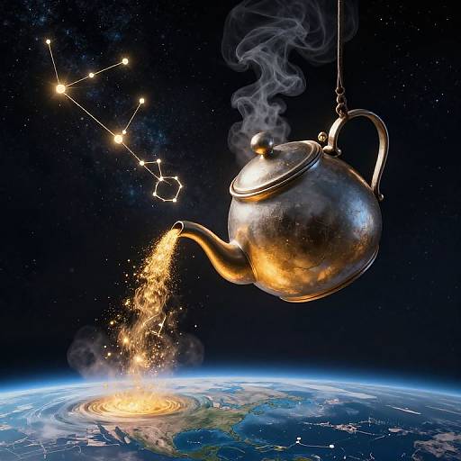Colossal Teapot Pouring Stardust Above Earth