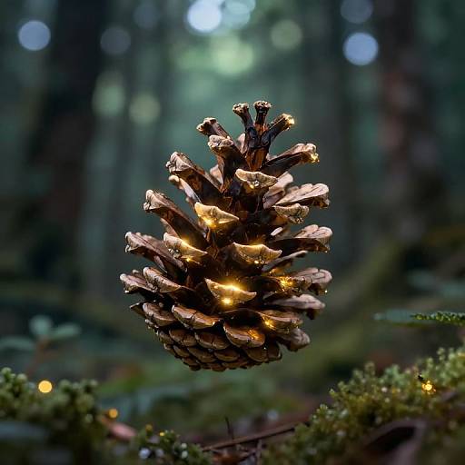 Photograph of a glowing pine cone in a dark forest, with tiny lights illuminating its rough, brown scales and surrounded by blurred greenery and soft