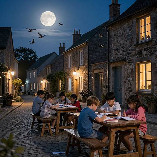 Photograph of children studying at wooden tables on a cobblestone street at night, illuminated by moonlight, with stone houses and flying birds in the