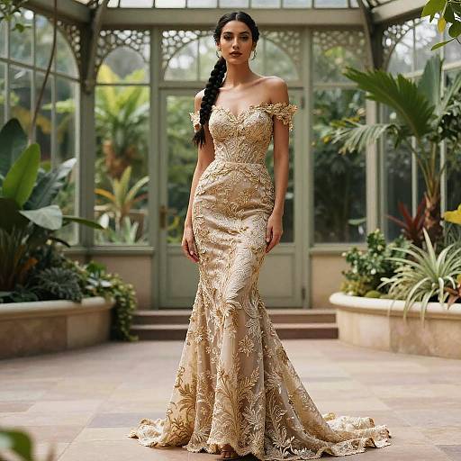 Photograph of a slender, dark-haired woman in an off-shoulder, gold lace gown with a long braid, standing in a lush greenhouse