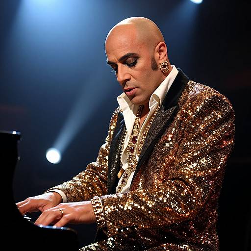 Photograph of a bald male musician with dark makeup, wearing a shimmering gold sequin jacket and white shirt, playing a keyboard on stage under blue