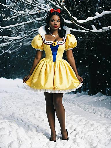 Photograph of a Black woman in a yellow Snow White dress with white trim, red bow, and blue bodice, standing in a snowy forest,