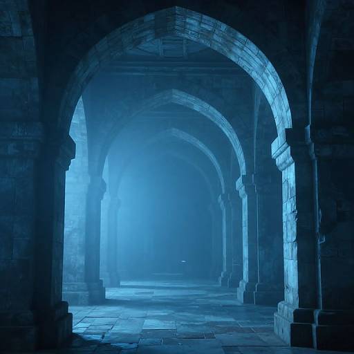 Photograph of a dimly lit, medieval stone archway corridor bathed in blue light, creating a mystical, eerie atmosphere with multiple arches rec