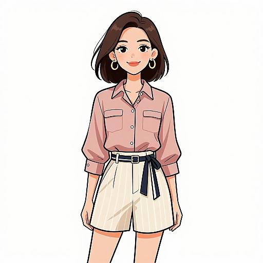 Digital illustration of a smiling Asian woman with short brown hair, wearing a pink shirt, white shorts, black belt, and hoop earrings.