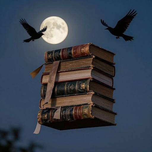 Photograph of a stack of antique books with a brown ribbon, floating in the night sky, moonlit, with two black ravens flying nearby.