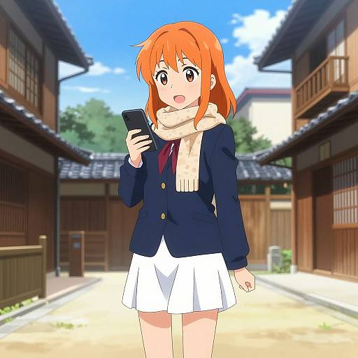Anime-style drawing of a red-haired girl in a navy blazer, white skirt, and beige scarf, holding a phone, standing in a traditional Japanese