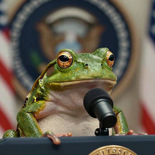 Photograph of a green frog with large, shiny yellow eyes, speaking into a black microphone, with the American flag and Great Seal blurred in the background