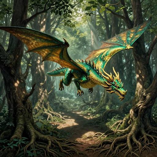 Digital fantasy artwork of a vibrant green and gold dragon with yellow horns flying through a dense, sunlit forest with tangled roots.