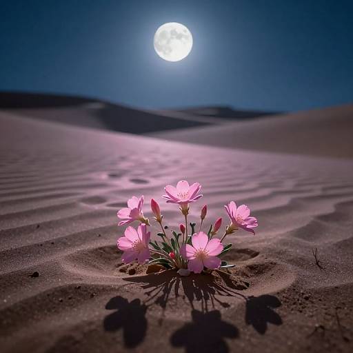 Photograph of pink flowers in a moonlit desert, with the full moon brightly illuminating the night sky and casting shadows on the sand.