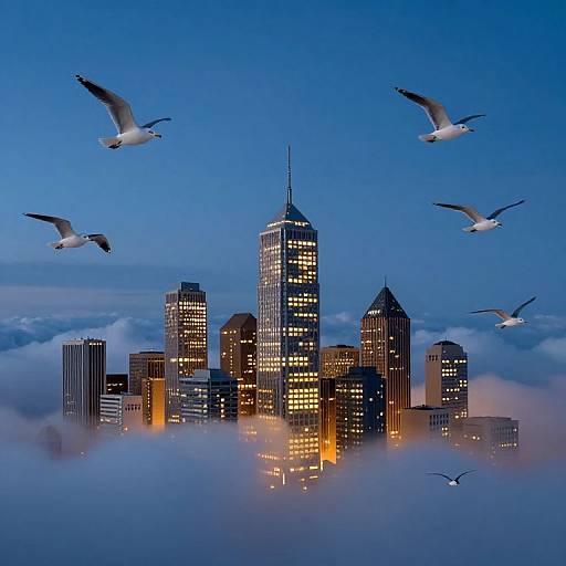 Gulls Carrying Miniature City in Clouds