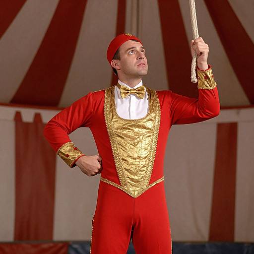 Photograph of a male circus performer with fair skin, red outfit with gold trim, holding a rope, under a striped circus tent.