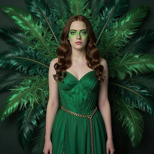 Woman in Emerald Green Dress with Feather Backdrop