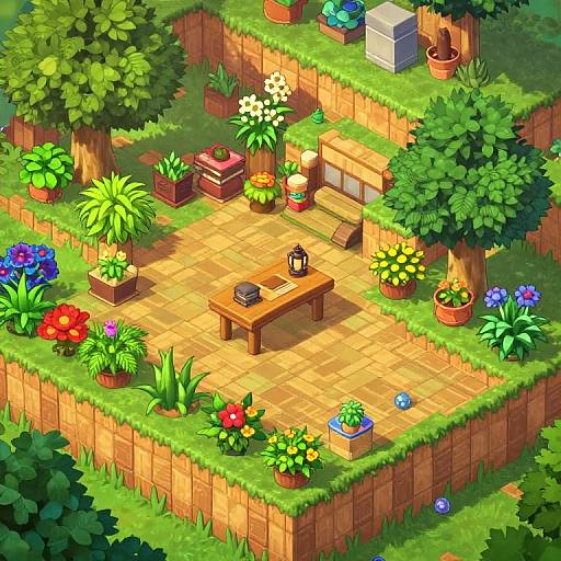 Vibrant digital illustration of a lush, elevated garden square with a wooden bench, lantern, potted plants, colorful flowers, trees, and wooden