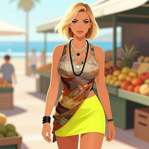 Digital illustration of a blonde woman with blue eyes, wearing a patterned top, yellow skirt, black jewelry, and bracelets, walking through a brightly lit