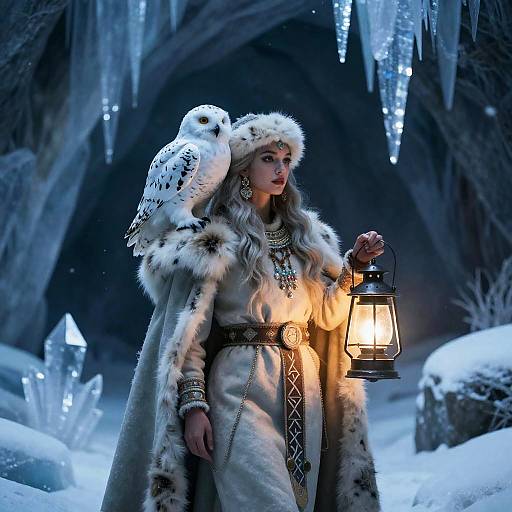 Arctic Huntress in Lantern-Lit Ice Cave