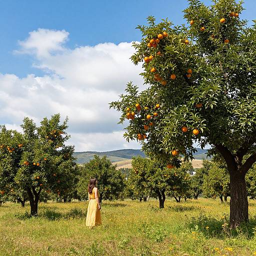 Photograph of a sunny orange grove with lush green trees bearing ripe oranges, a yellow scarecrow in the center, and a bright blue sky with