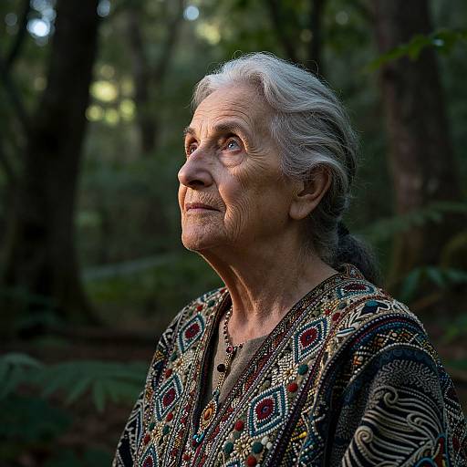 Photograph of an elderly woman with white hair, wearing a colorful, patterned blouse, looking upward in a dimly lit forest.
