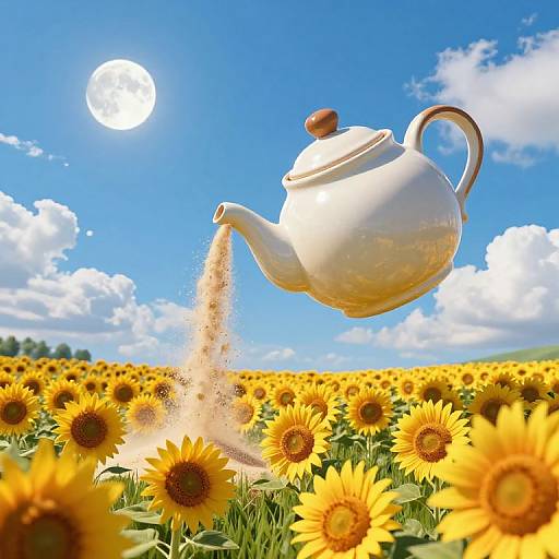 Photograph of a white porcelain tea kettle mid-air, pouring steam over a vibrant sunflower field under a bright blue sky with fluffy clouds and a shining