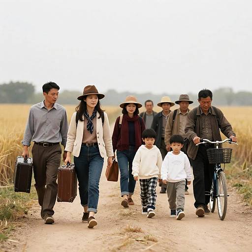Group Walking on Dirt Road in Golden Field
