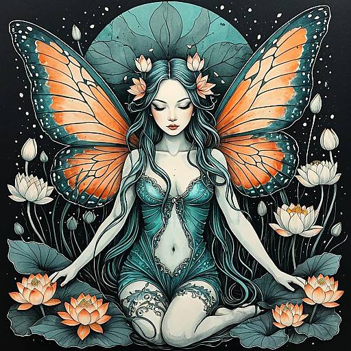 Ephemeral Lotus Nymph in Teal Ink