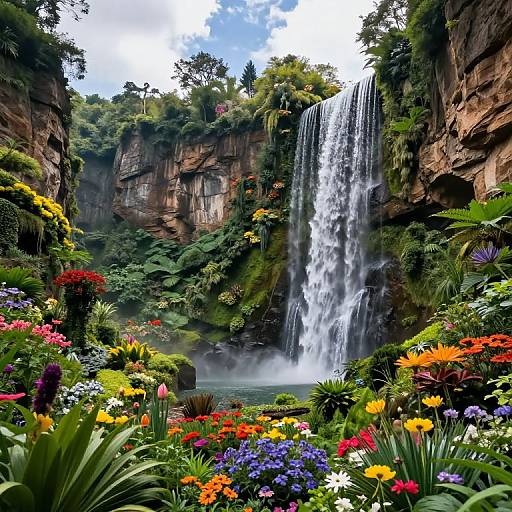 Vibrant photograph of a lush, tropical waterfall scene with cascading water, colorful flowers, and dense greenery against rocky cliffs.