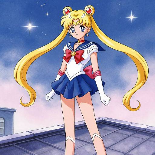 Digital anime artwork of Sailor Moon with long blonde twin-tails, blue sailor uniform, red bow, white gloves, standing on rooftop at night.