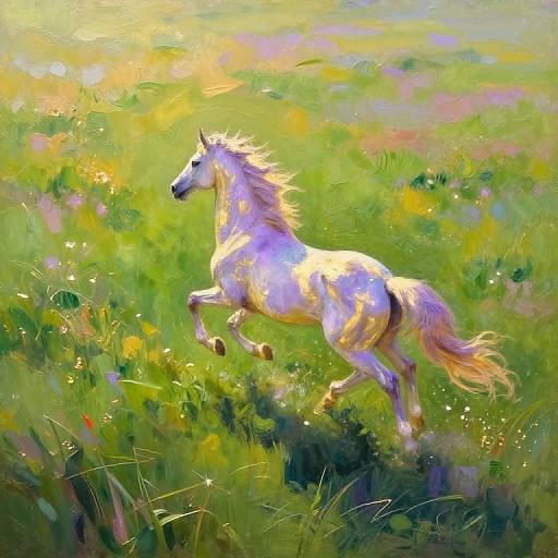 A vibrant, impressionistic digital painting of a white, sunlit horse galloping through a colorful, sun-dappled meadow with lush green