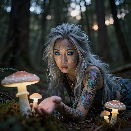 Photorealistic digital artwork of a silver-haired, tattooed woman with glowing blue eyes, lying in a forest among glowing mushrooms.