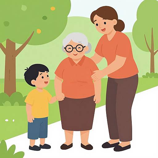 Digital illustration of an elderly woman with glasses, a large belly, and white hair, flanked by a young boy in yellow and a woman in orange