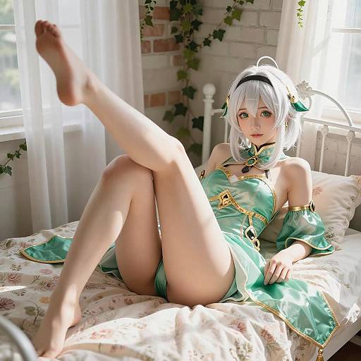 White-Haired Anime Girl on Floral Bed