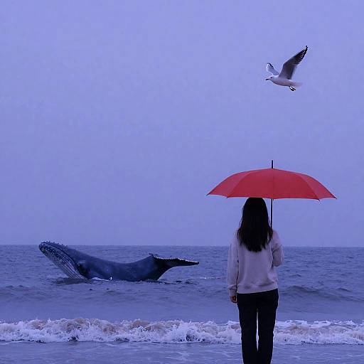 Girl with Red Umbrella by Ocean