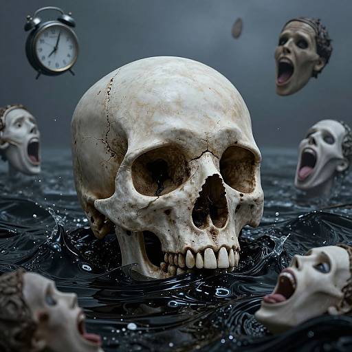Photograph-style CGI: A cracked, white skull floating in dark water, surrounded by floating, screaming zombie heads; a clock hangs in the foggy
