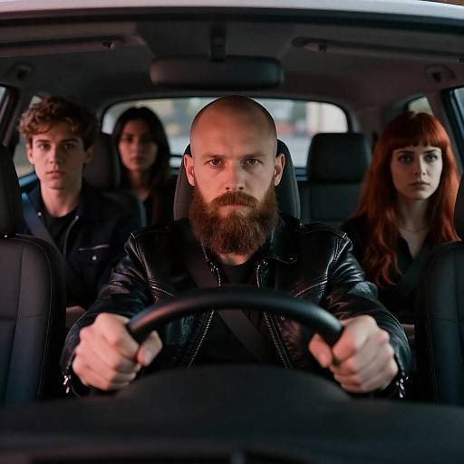 Bearded Driver with Backseat Passengers