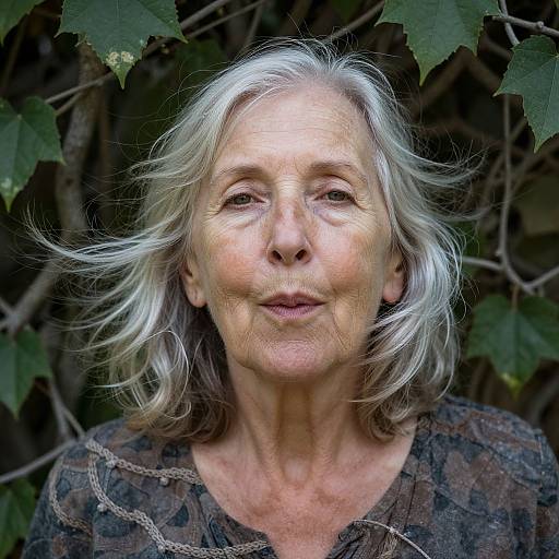 Photograph of an elderly woman with silver hair, wearing a patterned blouse, standing among green leaves; her face has a gentle, calm expression.
