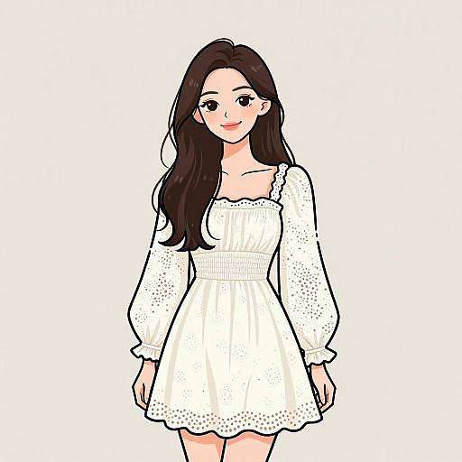 Digital drawing of a smiling young woman with long black hair, wearing a white, long-sleeved, off-shoulder dress with lace trim,