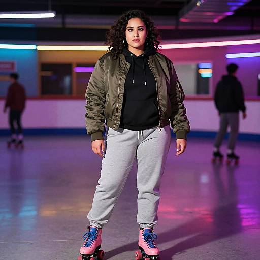 Photograph of a curvy woman with curly black hair, olive bomber jacket, black hoodie, gray sweatpants, pink roller skates, standing confidently