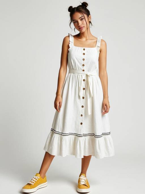 Woman in white summer dress with yellow sneakers