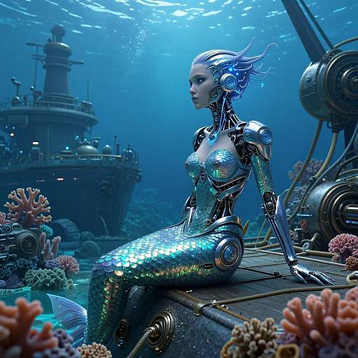 Digital art of a cybernetic mermaid with glowing scales, sitting on a wooden crate underwater, near a steampunk ship and colorful coral.