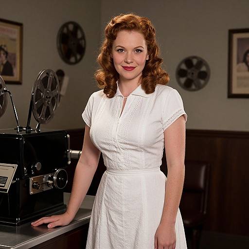 Photograph of a red-haired woman in a white vintage dress, standing in a film editing room with film reels and posters on the wall.