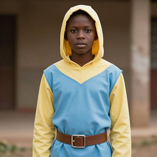 Photograph of a young African boy with dark skin, wearing a yellow hooded tunic with blue sleeves, brown belt, and serious expression, standing