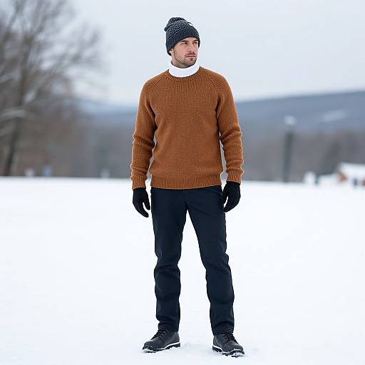 Photograph of a bearded man standing in a snowy park, wearing a brown sweater, black pants, black gloves, and a black knit hat.