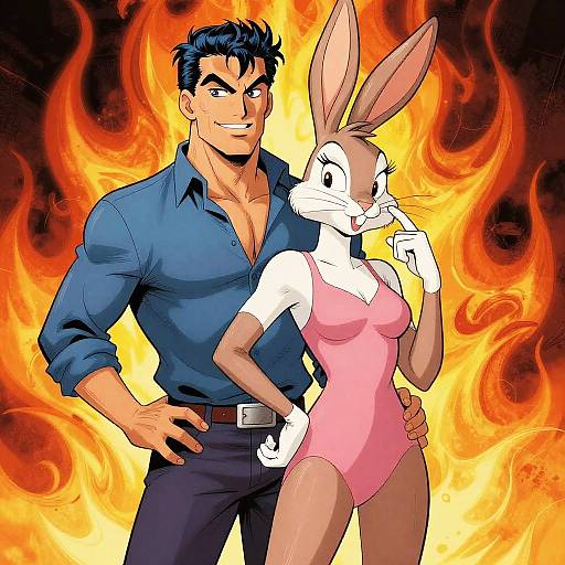 Muscular man in blue shirt, standing with confident bunny in pink leotard, both against fiery background. Digital art, anime style.