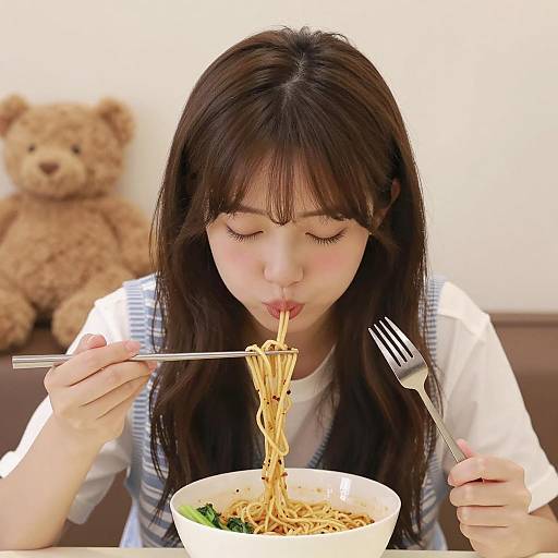 Asian Girl Eating Noodles with Chopsticks and Fork