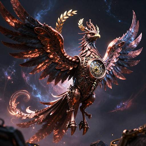 Baroque Clockwork Phoenix Amid Cosmic Storm